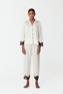 Elina Ivory White & Black Lace Silk Pyjama Set