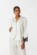 Elina Ivory White & Black Lace Silk Pyjama Set