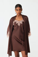 Elina Warm Brown Lace Silk Robe Set