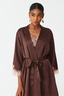 Elina Warm Brown Lace Silk Robe Set