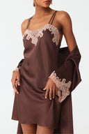 Elina Warm Brown Lace Silk Robe Set