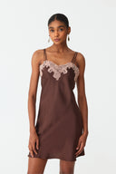 Elina Warm Brown Lace Silk Robe Set